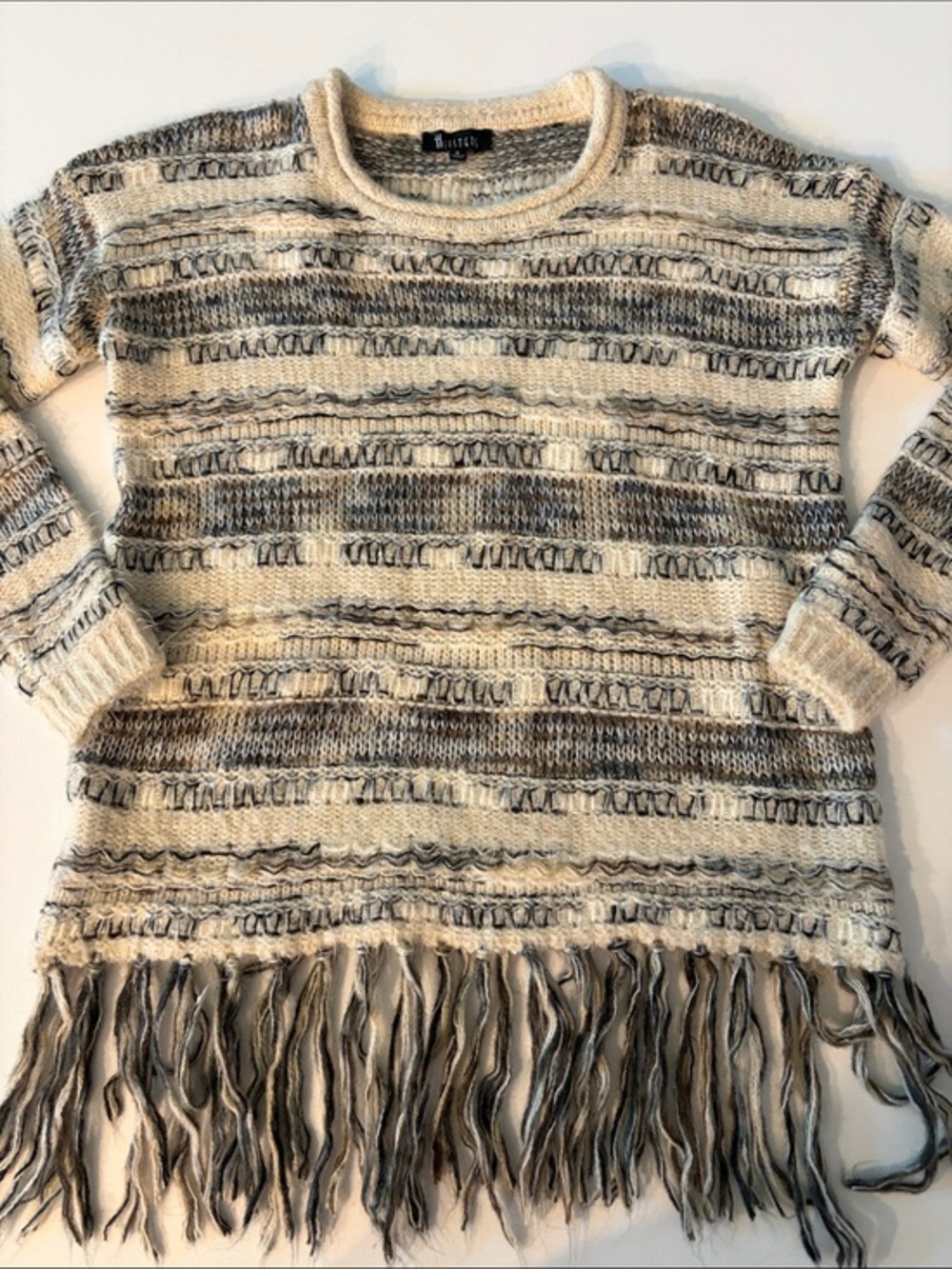 SISTERS TEXTURED FRINGE KNIT SWEATER CREAM GRAY BOHO PULLOVER SIZE SMALL
